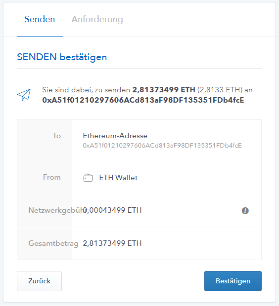 Ether auf Wallet senden bei Coinbase